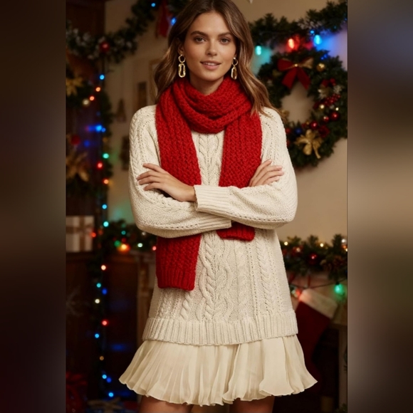 Chic Long Sleeve Cable Knit Mini Sweater Dress With A Sheer Flowy Pleated Bottom - Picture 6 of 16